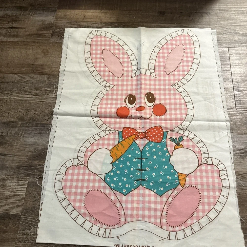 Vtg Cut N Sew Fabric Panel Pink Gingham Easter Bunny Rabbit Doll Pillow 19.5